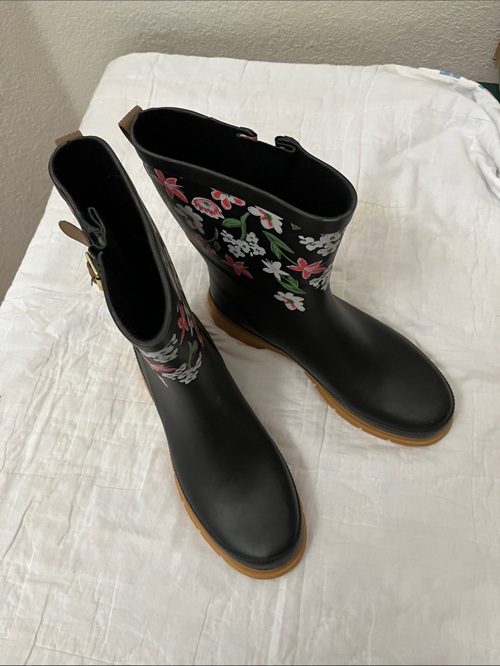 Western Chief Black Floral Mid-Calf Rain Boots with Tan Sole